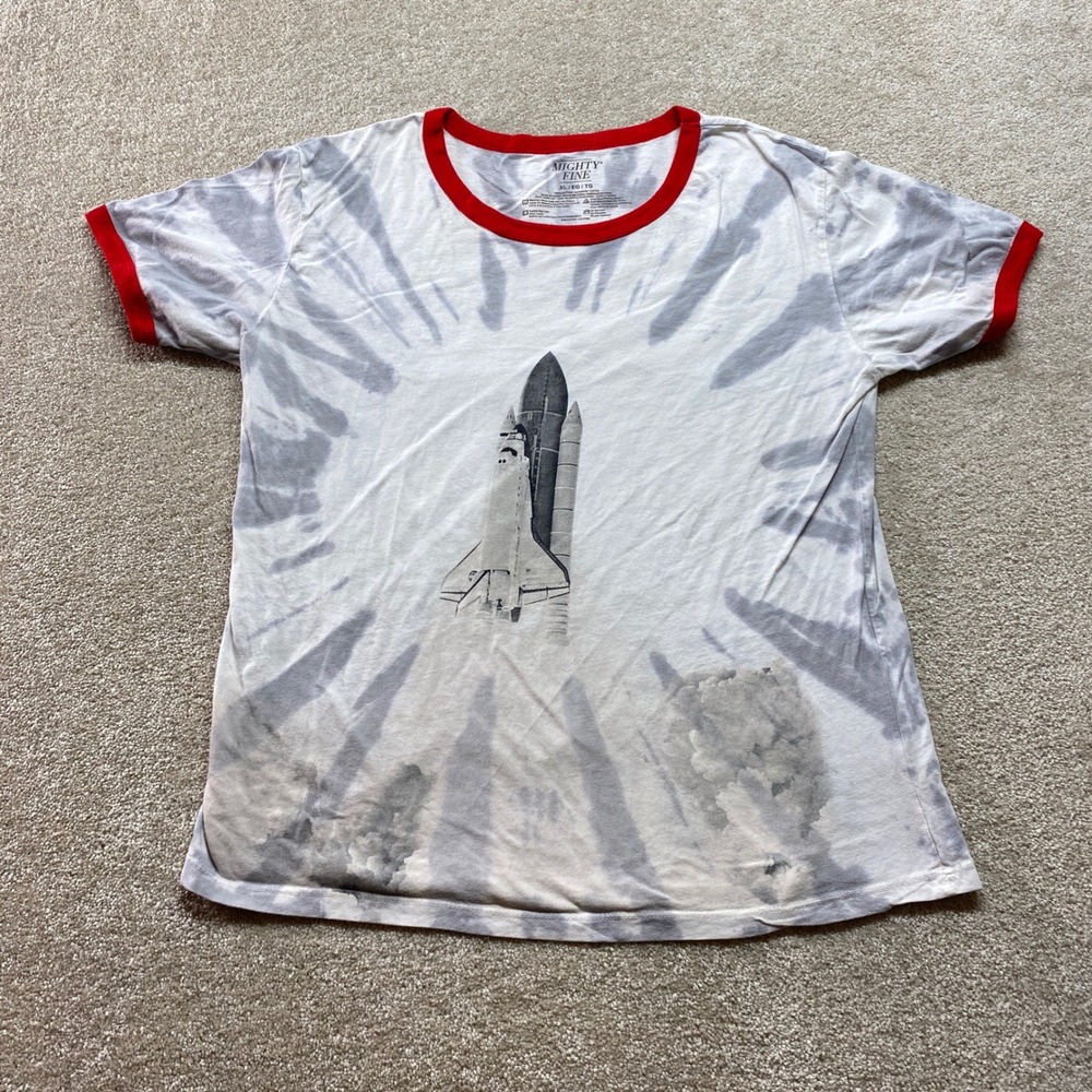 Mighty Fine Tie Dye Space Shuttle Launch Shirt‎ Mens XL Red Trim Graphic Tee